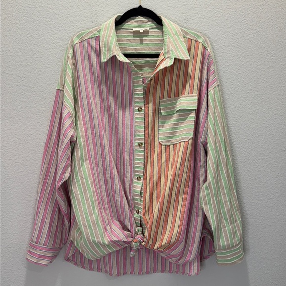 easel Tops - Easel Striped Colorblock Button Front Shirt Size 1X EUC